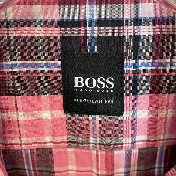 Boss Hugo Boss Plaid Checkered Button Down Shirt Pink Black Blue 100% Cotton L - Picture 2 of 5